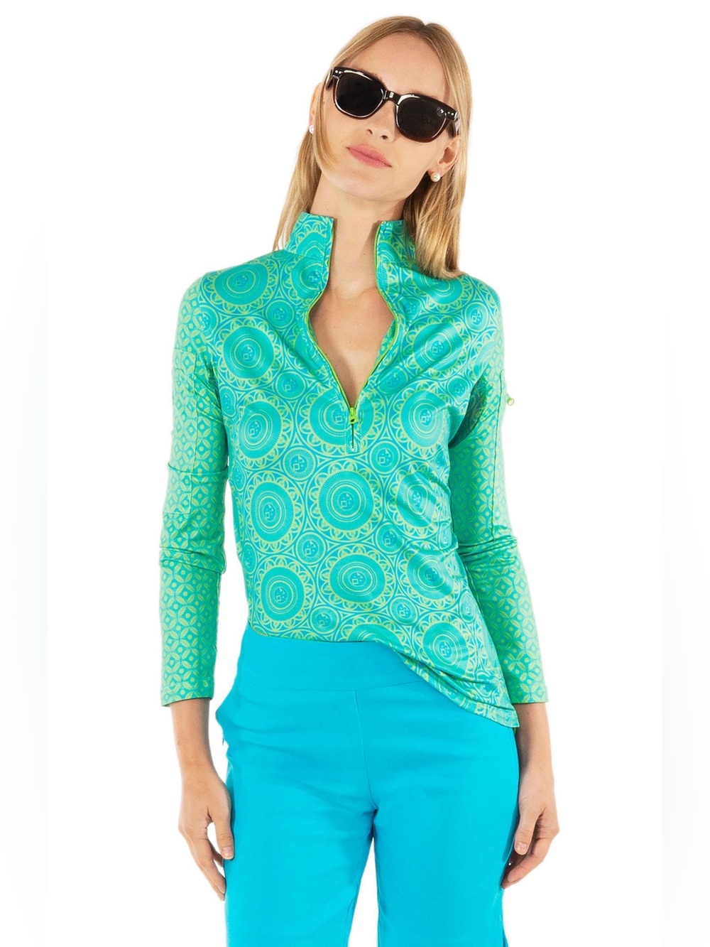 Gretchen Scott Green Turquoise Medallion Quarter Zip Active Pullover Top Large